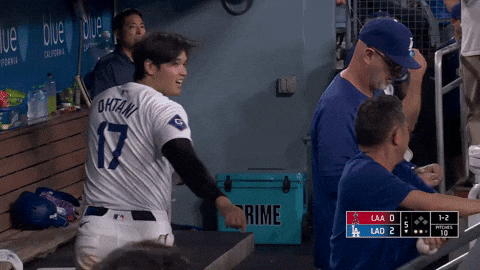 Shohei Ohtani Pointing At His Coach By The Bench GIF