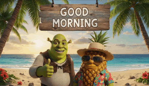 Shrek And A Pineapple On A Beach With A Sign That Says Good Morning GIF