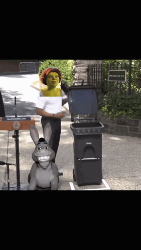 Shrek And Donkey Are Standing Next To A Trash Can With The Lid Open GIF