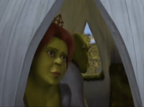 Shrek and Fiona Looking Out of Tent With Crown