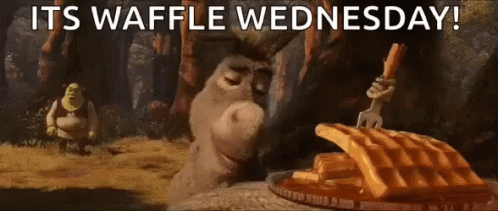 Shrek Eating A Waffle On Wednesday With The Words " Its Waffle Wednesday " Above Him GIF