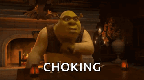 Shrek From Shrek Is Sitting At A Table With The Word Choking Behind Him GIF