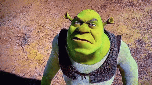 Shrek From The Movie Shrek Is Standing In The Desert Looking At The Camera With An Angry Look On His Face . GIF