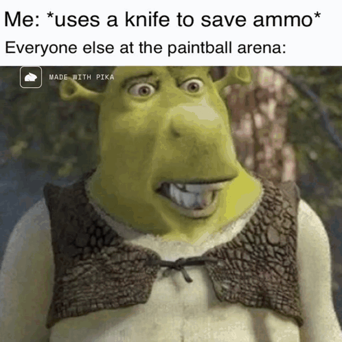 Shrek From The Movie Shrek Uses A Knife To Save Ammo From Everyone Else At The Paintball Arena GIF