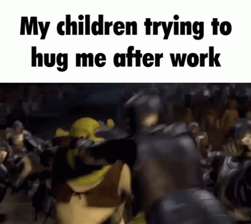 shrek is being hugged by a group of knights in armor