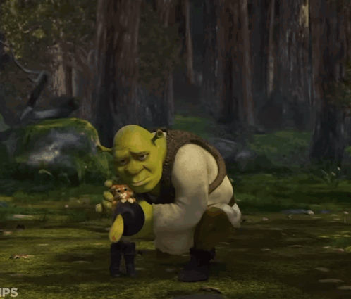 Shrek Is Kneeling Down In The Woods With A Teddy Bear In His Hand GIF