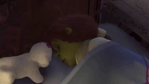 Shrek Laying in Bed With Stuffed Animals