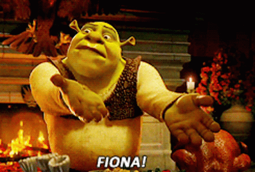 Shrek Says Fiona in Front of Turkey and Fireplace