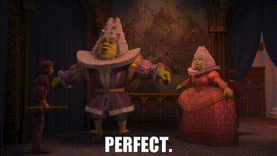 Shrek Standing Next to Woman in Red Dress and Man in Purple Robe