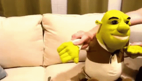 Shrek Stuffed Animal on Couch Being Touched