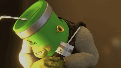 Shrek With A Green Stanley Mug On His Head GIF