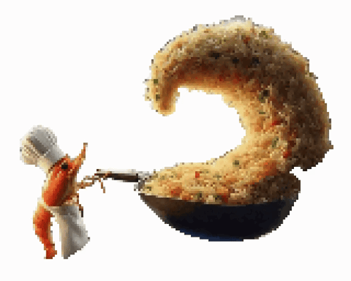 Shrimp in Chef Hat Holding Pan of Rice