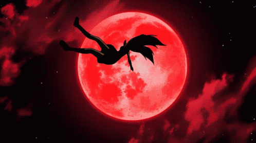 Silhouette of Person Falling in Front of Red Full Moon