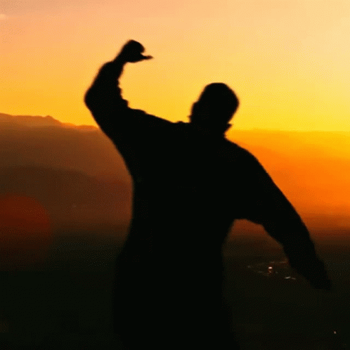 Silhouette of Person with Arm in Air at Sunset