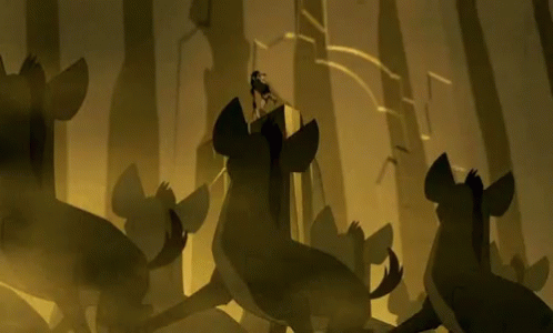 Silhouette Person on Cliff with Hyenas