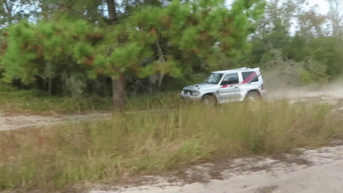 Silver SUV Driving Down Dirt Road in Woods