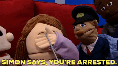 Simon Says You're Arrested With Puppet And Scissors GIF
