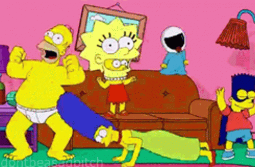 Simpsons Characters Doing Push Ups in Front of Couch