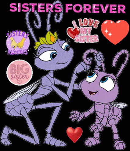 Sisters Forever Poster With Two Ants And Hearts GIF
