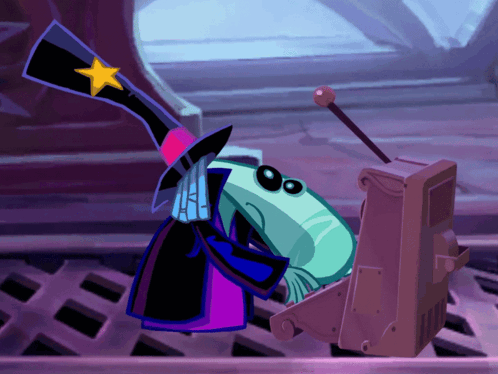 Sitting Character With Star Top Hat Near Machine