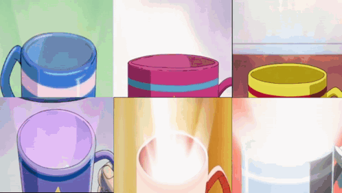 Six Different Colored Cups Are Lined Up In A Grid GIF