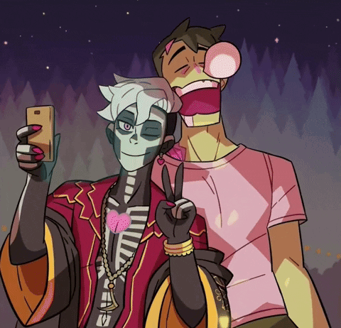 Skeleton and Man Blowing Bubblegum