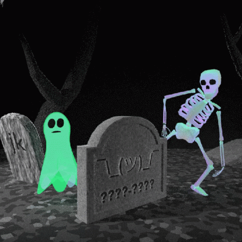 Skeleton Beside Gravestone Saying IK GIF