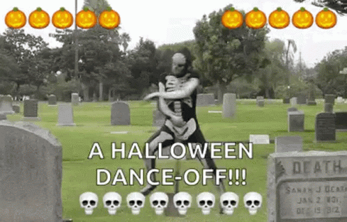 Skeleton Dancing in Cemetery with Pumpkins and Skulls