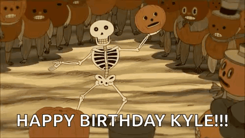 Skeleton Dancing in Front of Pumpkins Happy Birthday Kyle