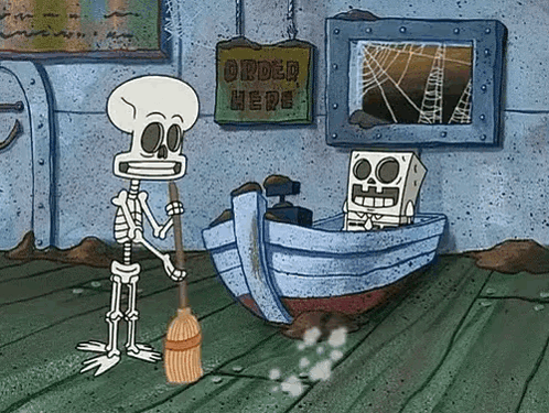 Skeleton Holding Broom Next to Boat Saying Order Here