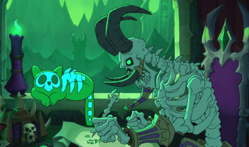 Skeleton Holding Sword and Green Cat with Skull