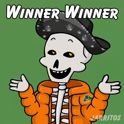 Skeleton In Orange Jacket And Black Hat Winner GIF