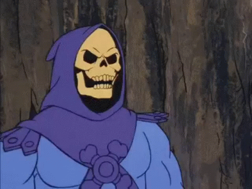 Skeleton in Purple Hood and Blue Shirt