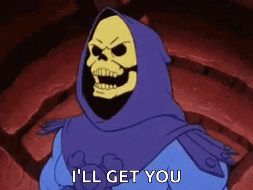 Skeleton In Purple Hood Saying I'll Get You GIF