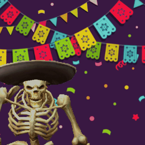 Skeleton in Sombrero Holding Fiesta