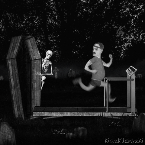 Skeleton Laughing Let Man Running Treadmill GIF