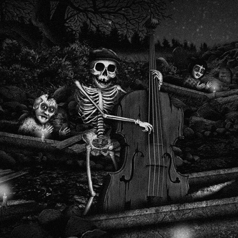 Skeleton Playing Double Bass in Cemetery