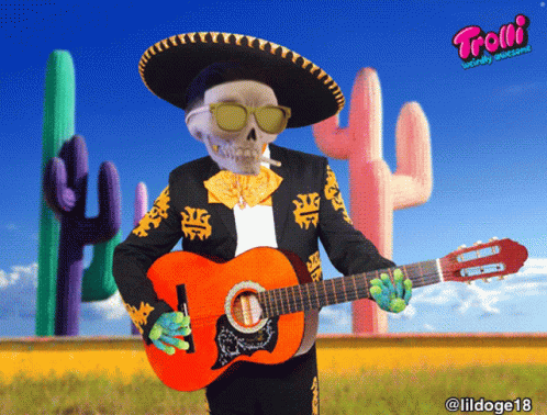 Skeleton Playing Guitar with Trolli