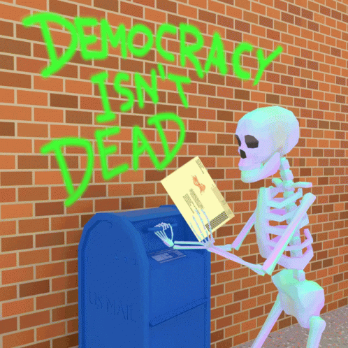 Skeleton Putting Envelope Into Mailbox in Front of Brick Wall
