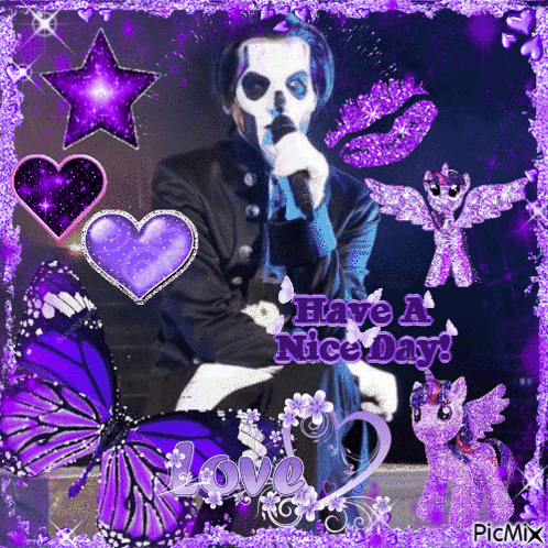 Skeleton Singing With Purple Butterflies and Hearts