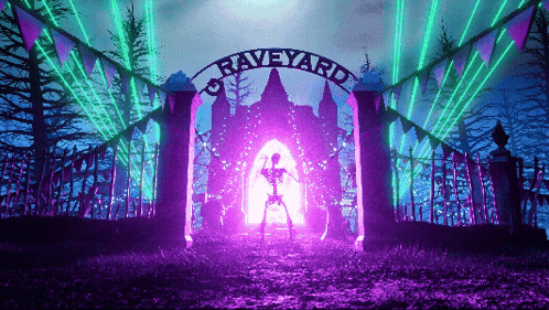 Skeleton Standing at Gate Saying Graveyard