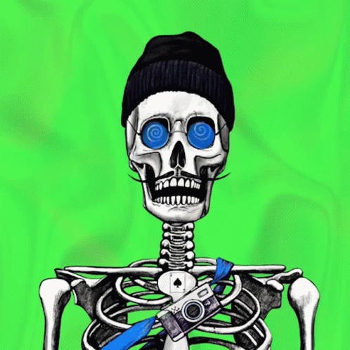 Skeleton With Unicorn Horn Holding Flower In Mouth GIF