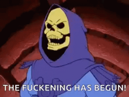 Skeletor From Masters Of The Universe Is Wearing A Purple Hood And Says The Fuckening Has Begun . GIF