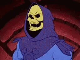 Skeletor From The Masters Of The Universe Is Wearing A Purple Cape And Hood . GIF