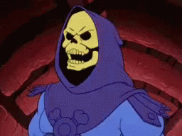Skeletor in Purple Hood and Blue Shirt