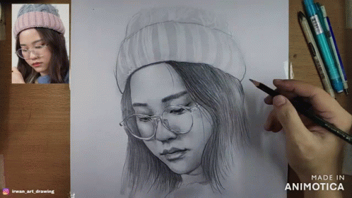 Sketch Of A Girl With Cap And Glasses GIF