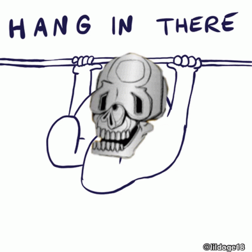 Skull Hanging on Bar with Hang in There