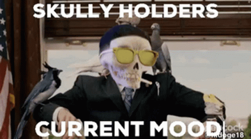 Skull in Suit and Tie Surrounded by Birds With Current Mood