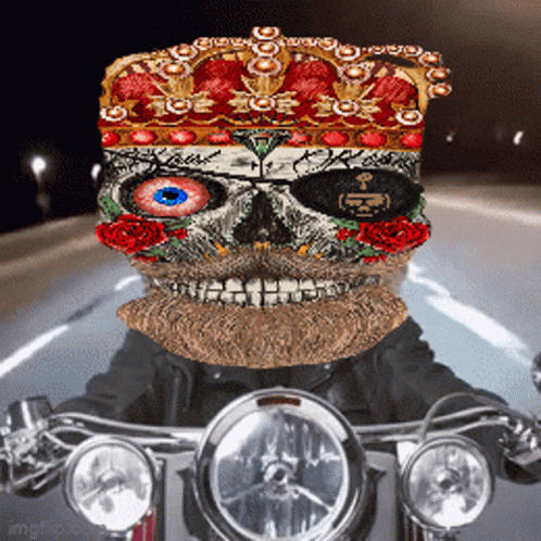 Skull With Beard and Crown Riding Motorcycle