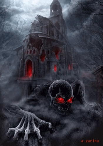 Skull With Red Eyes Crawling In Front Of Castle GIF